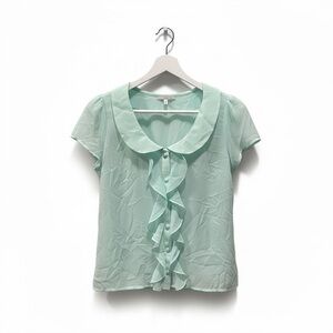 Vtg Light Mint Ruffle Front Peter Pan Blouse - Women